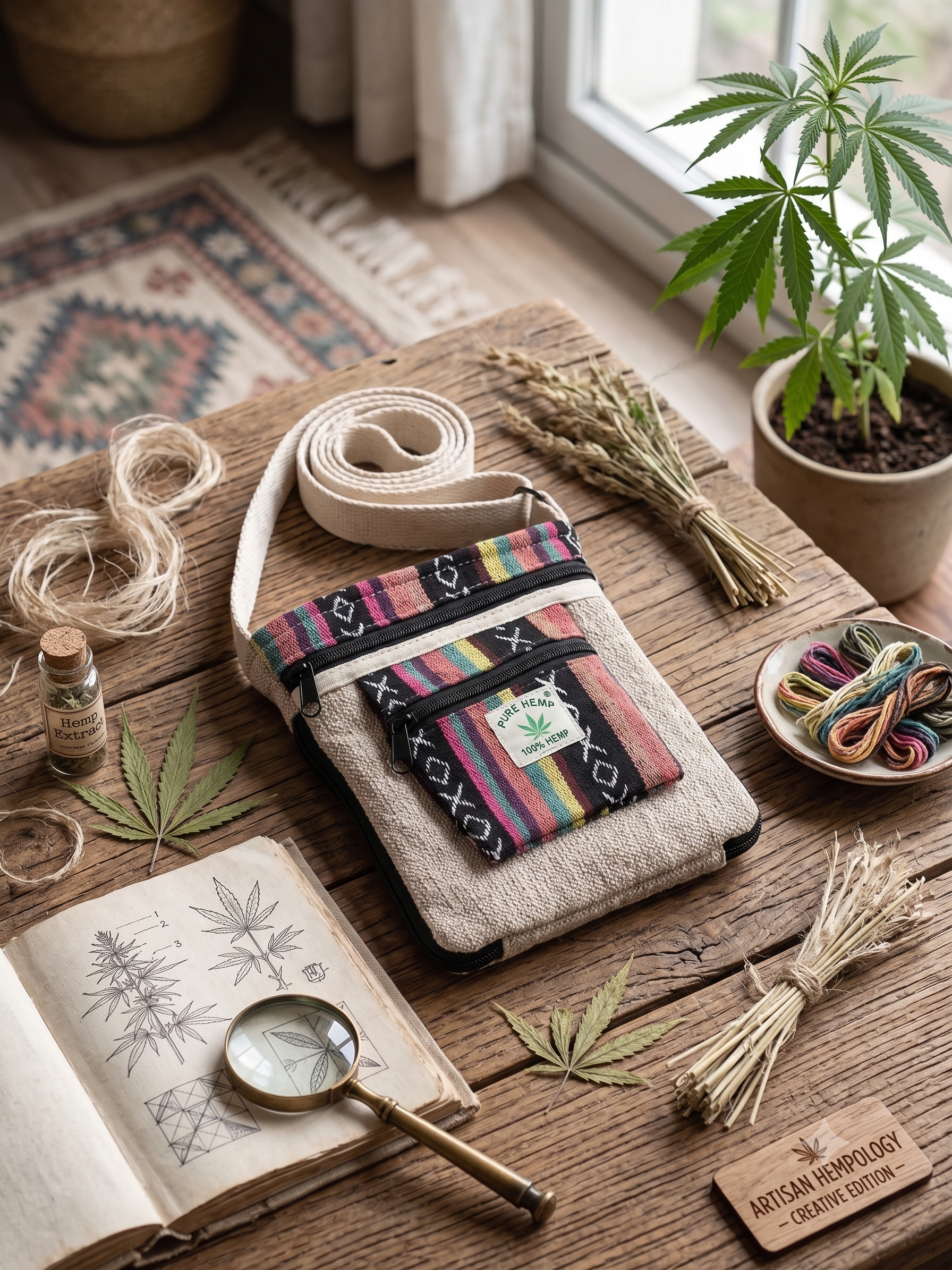 Pure Hemp 100% Hemp Crossbody Bag, 9x8 inch, Boho Stripe