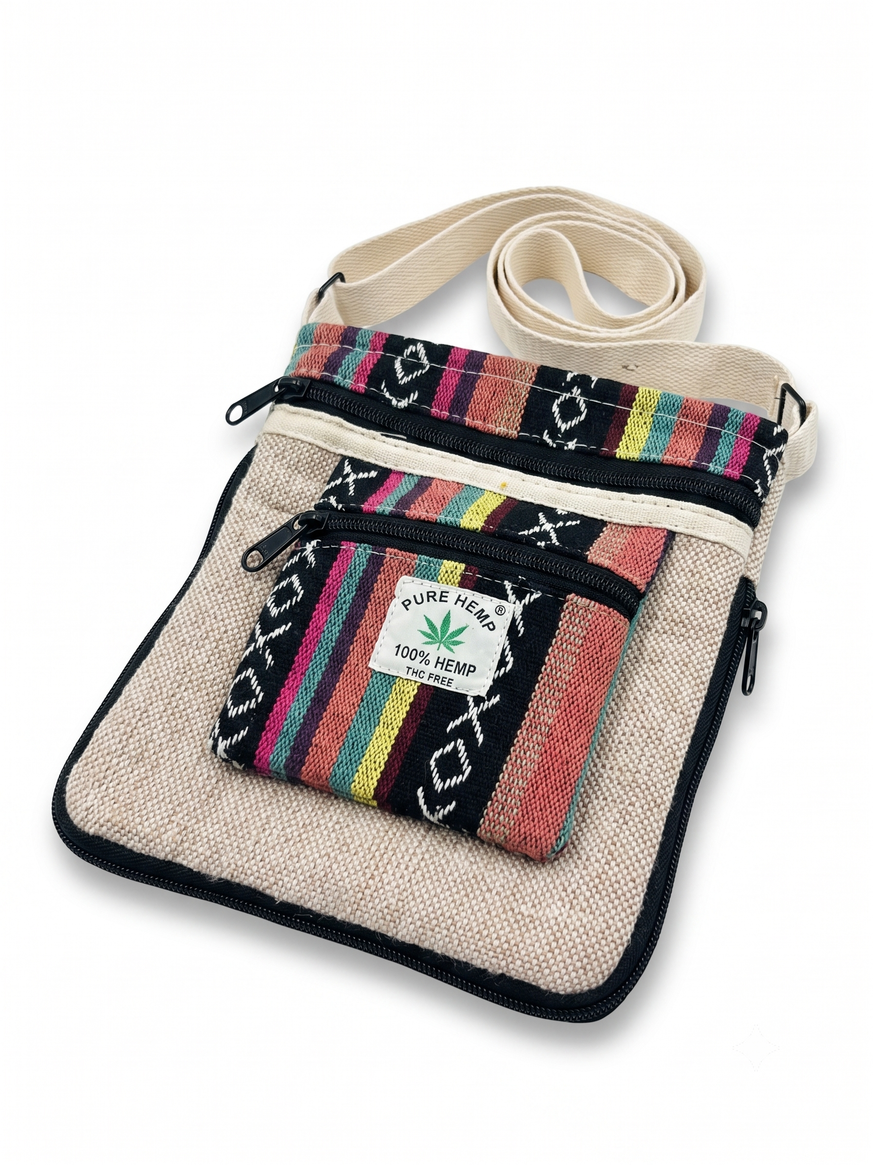 Pure Hemp 100% Hemp Crossbody Bag, 9x8 inch, Boho Stripe