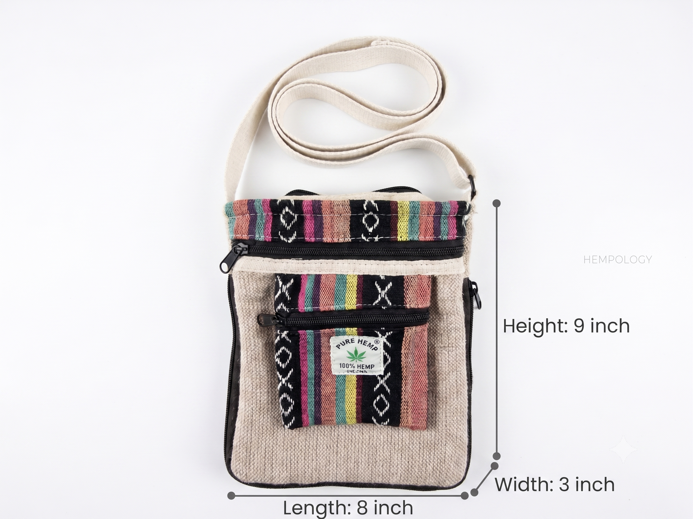 Pure Hemp 100% Hemp Crossbody Bag, 9x8 inch, Boho Stripe